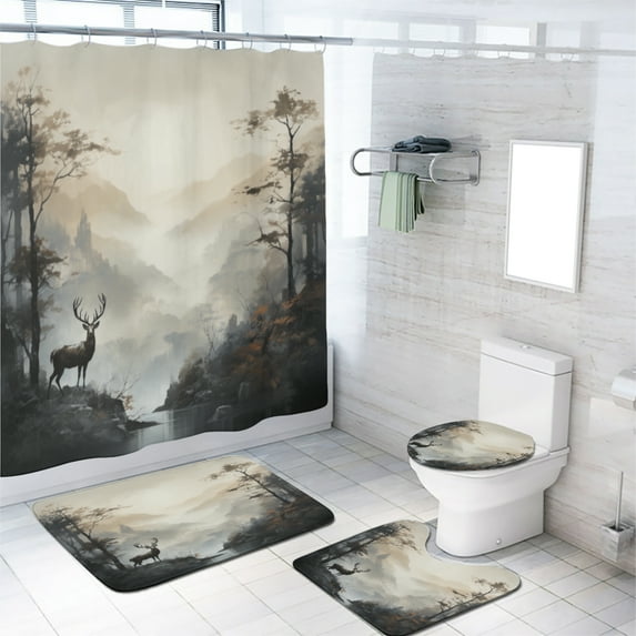 Deer Shower Curtain Set with Rugs for Bathroom Decor Rustic Misty Forest Pine Tree Mountain Nature Bathroom Decor Bath Curtain with Rugs Toilet Lid Cover Bath Mat, 72x72 Inch