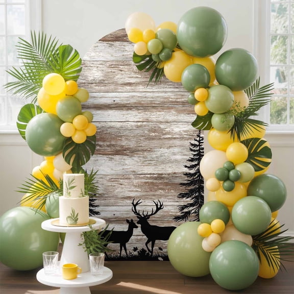 Deer Silhouette Arch Backdrop Cover, 5FT, Vintage Deer Pine Tree Brown Wood Grain Farmhouse Spandex Arch Covers Double-Sided Backdrop for Wedding Birthday Party Photo Background Decoration