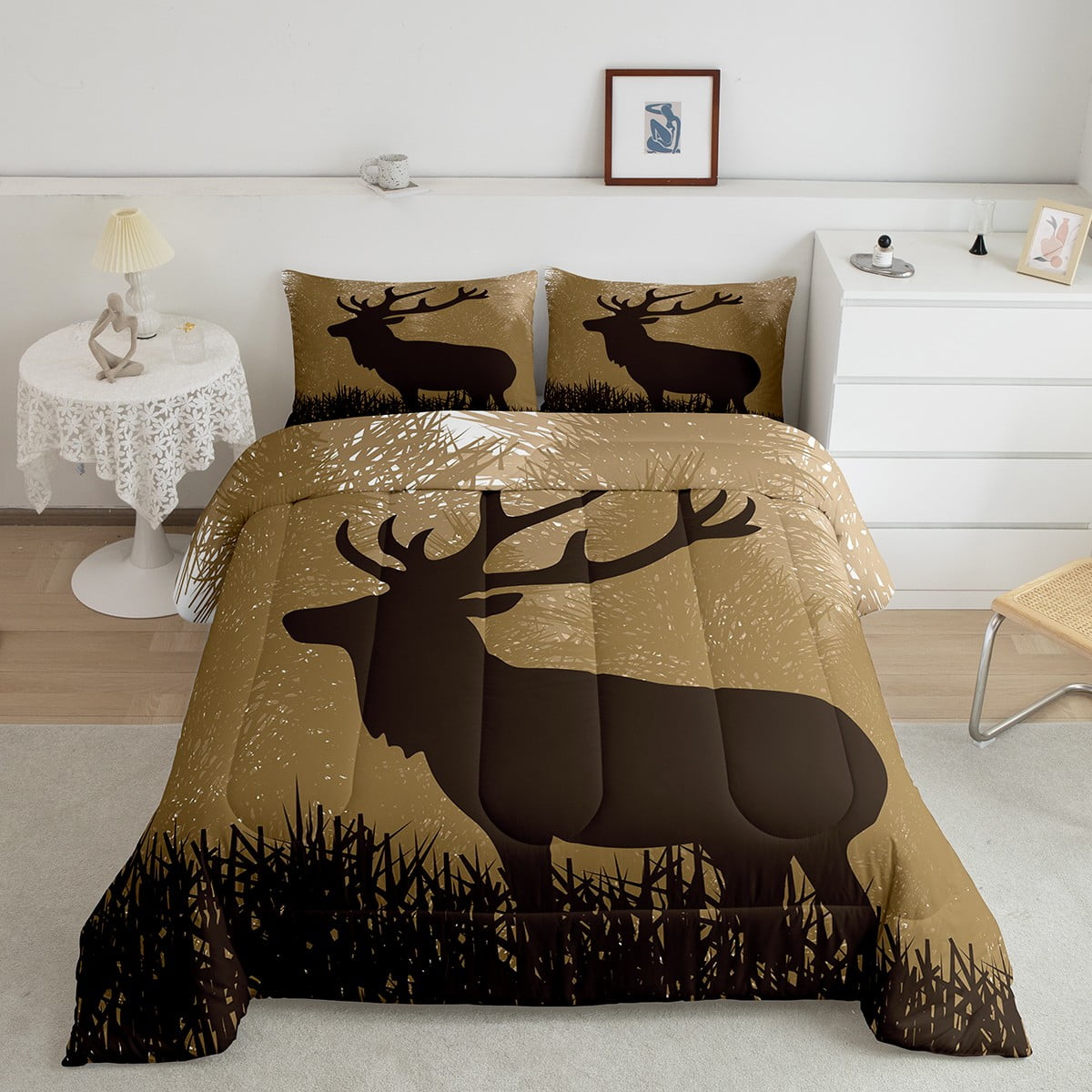 Deer Silhouette Bedding Set Moose Elk Dark Shadows Quilt,Brown Jungle ...