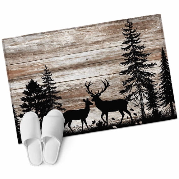 Deer Silhouette Entryway Rug 2'x3' Vintage Deer Pine Tree Brown Wood Grain Farmhouse Small Area Rug Non-Slip Front Door Mat Washable Floor Carpet for Indoor Entrance Kitchen Bathroom