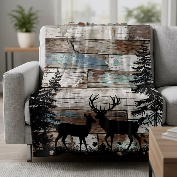 Deer Silhouette Fleece Throw Blanket Vintage Deer Pine Tree Retro Wood Grain Farmhouse Ultra Soft Fuzzy Cozy Flannel Throw Blanket for Couch Sofa Bed Car Travel, Ideal Gifts 30x40 Inches