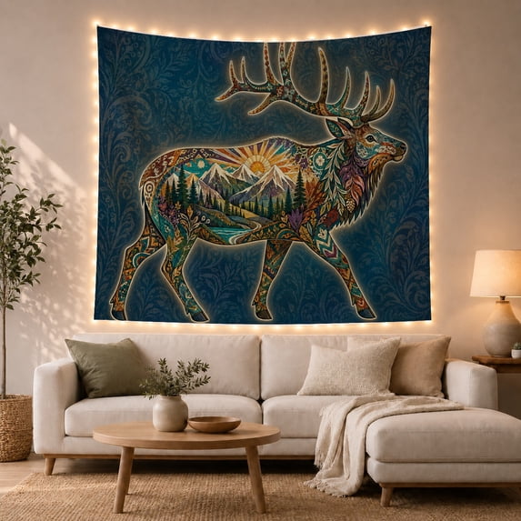 Deer Silhouette with Mountain Landscape, Tranquil Boho for Nature Lovers, Wildlife Wall Art, Housewarming Gift Tapestry Wall Hanging for Bedroom, Living Room and Dorm