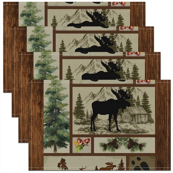 Deer Silhouette Placemats Set of 4 Lodge Cabin Wild Animal Paw Print Kitchen Mats for Kids Teens Adults Grid Pattern New Year Rustic Style Durable Place Mats for Dining Table 12x18 Inch