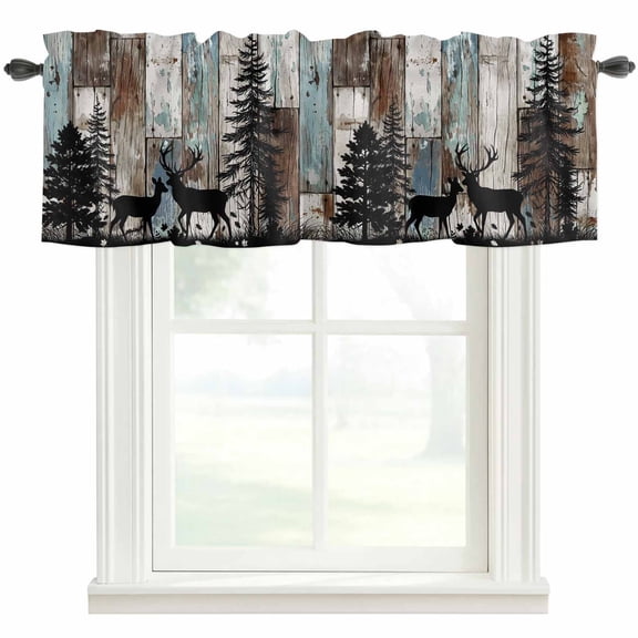 Deer Silhouette Valances for Windows Vintage Deer Pine Tree Retro Wood Grain Farmhouse Rod Pocket Curtain Valance Window Treatment Short Curtains for Kitchen Living Room, 42"x12"