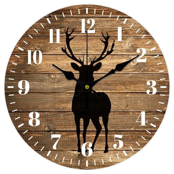 Deer Silhouette Wall Clock Non-Ticking Clocks Round Decorative Wall Clock Printed Clocks for Home Living Room Bedroom Home Office Decoration