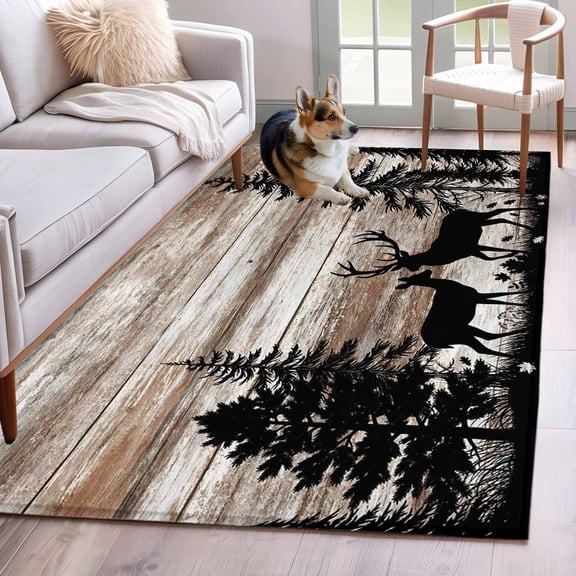 Deer Silhouettes Area Rugs 3'x5', Washable Small Throw Rugs for Living Room Bedroom, Trees Wooden Retro Art Farmhouse Indoor Outdoor Rug Non-Slip Low Pile Carpet Runner Reversible Floor Mats