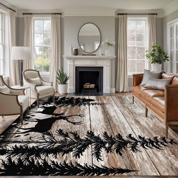 Deer Silhouettes Area Rugs 5'x7', Washable Small Throw Rugs for Laundry Room Playroom, Trees Wooden Retro Art Farmhouse Indoor Outdoor Rug Non-Slip Low Pile Carpet Runner Reversible Floor Mats