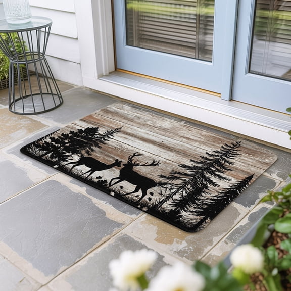 Deer Silhouettes Door Mat Indoor Outdoor, Trees Wooden Retro Art Farmhouse Non Slip Welcome Mat with Rubber Backing, Absorbent Fabric Front Door Mats Entryway Rug for Home Patio Entrance 16"x24"