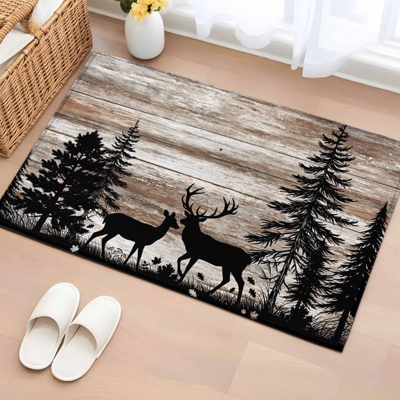 Deer Silhouettes Entryway Rug 2'x3'&nbsp; Non Slip Front Door Mats, Trees Wooden Retro Art Farmhouse Entrance Rugs Indoor Outdoor Carpet, Washable Floor Mats Small Area Rug for Bedroom Kitchen