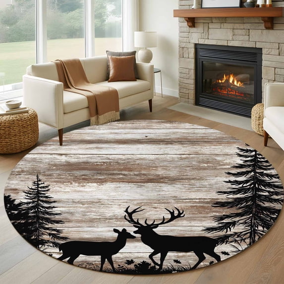 Deer Silhouettes Round Area Rug 7Ft Washable Circle Rugs for Dorm Laundry Room, Trees Wooden Retro Art Farmhouse Non-Slip Carpet Floor Mats Indoor Outdoor Carpet Runner Aesthetic Home Decor