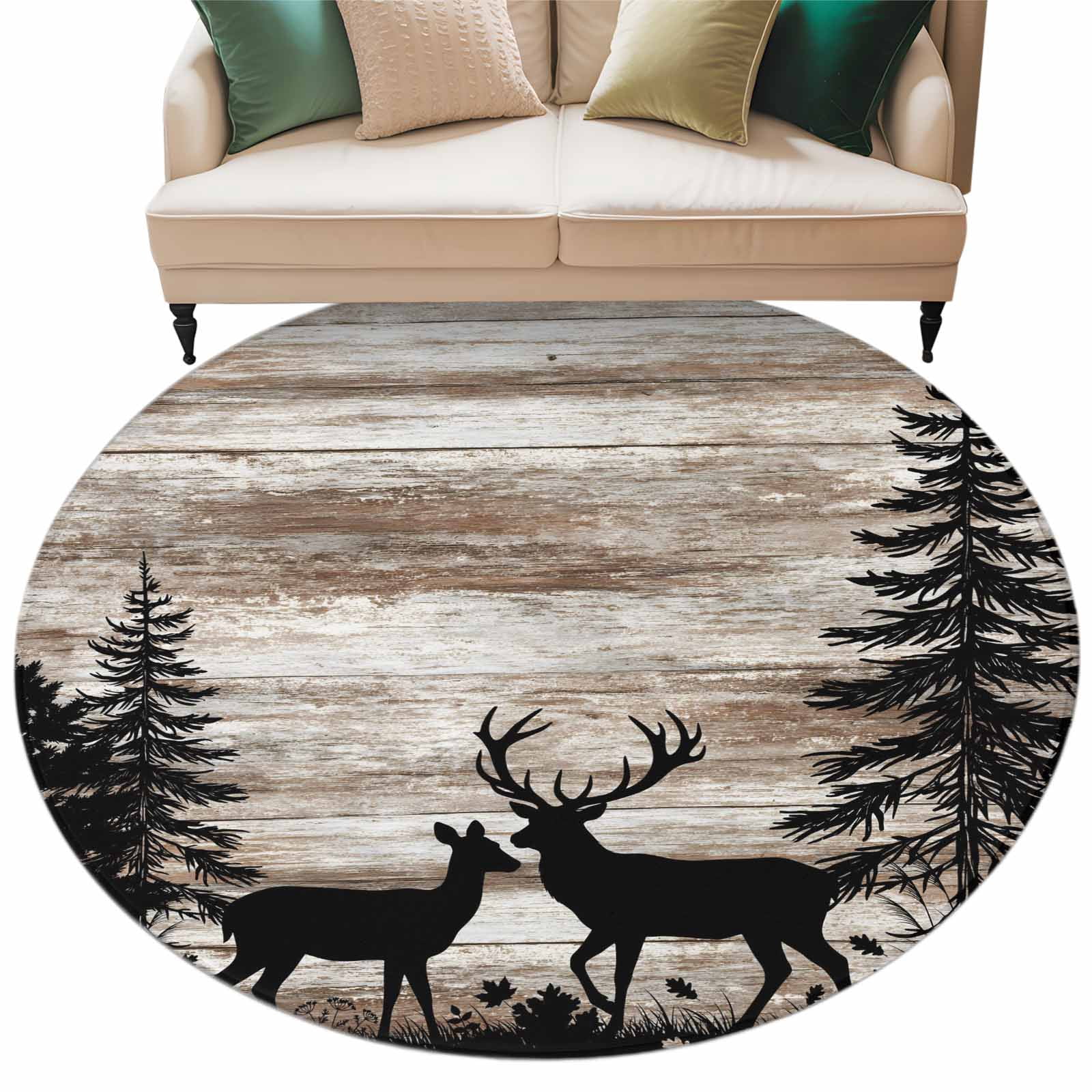 Deer Silhouettes Round Area Rugs Collection 5', Trees Wooden Retro Art ...