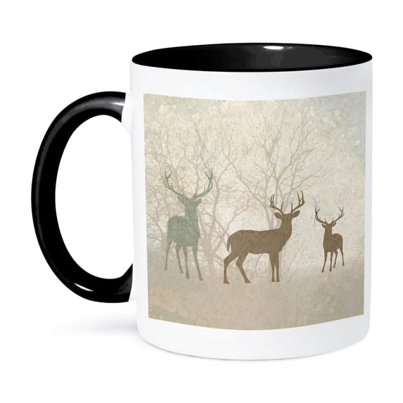 3dRose, Deer Silhouettes Set Against Faded Forest Background in Earth Tones, 11oz Two-Tone Black Mug