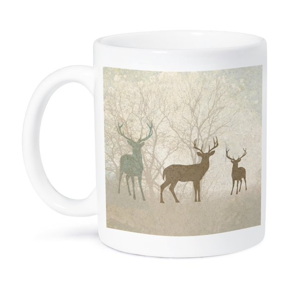 3dRose, Deer Silhouettes Set Against Faded Forest Background in Earth Tones, 15oz Mug