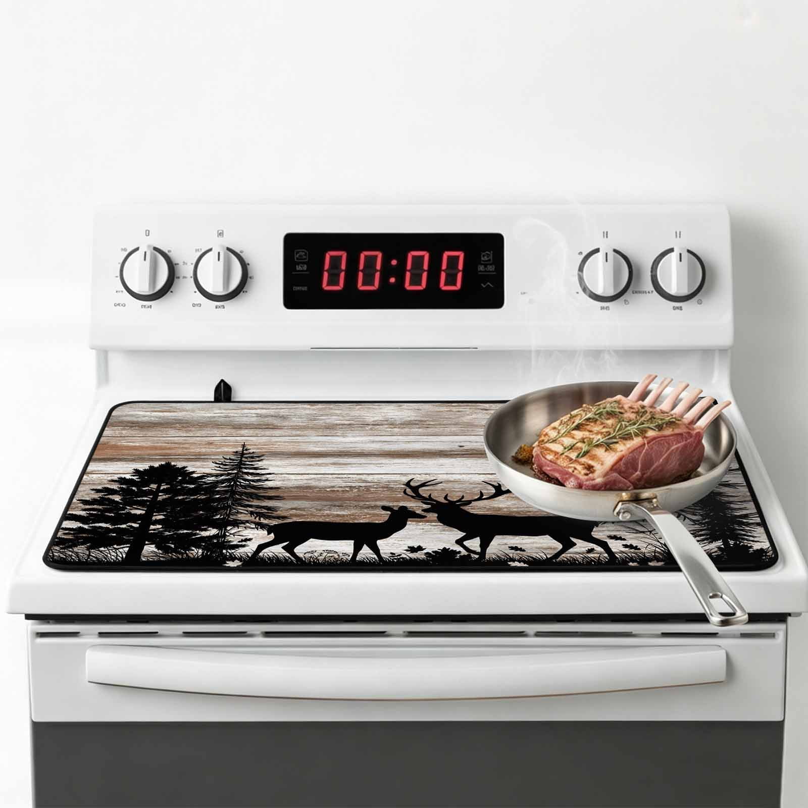 Deer Silhouettes Stove Top Cover for Electric Stove, Heat-proof & Non Slip Glass Top Stove Cover Protector, Trees Wooden Retro Art Farmhouse Kitchen Flat Cooktop Rubber Mat 24x21 Inches