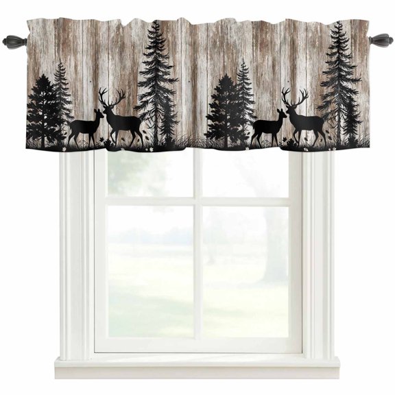 Deer Silhouettes Valances for Windows Farmhouse Kitchen Curtains Valances Rod Pocket Valance Curtains for Kitchen Windows Trees Wooden Retro Art Farmhouse Window Valances for Bathroom Bedroom 54"x18"