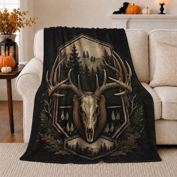 Deer Skull and Antlers with Pine Forest Badge, Rustic Lodge Art for Cabin Wildlife Fans, Woodland Track Emblem Cozy Flannel Blanket, Father's Day Gift for Den and Cabin Home Decor