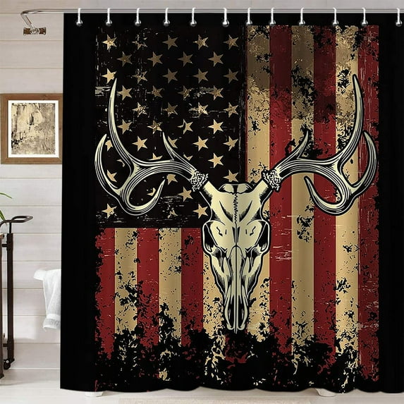 Deer Skull Shower Curtain, Vintage American Flag Elk Antlers Moose Country Cabin Rustic Farmhouse Bathroom Decor, Waterproof Fabric Shower Curtain, 72 X 72 Inch, Deer Head