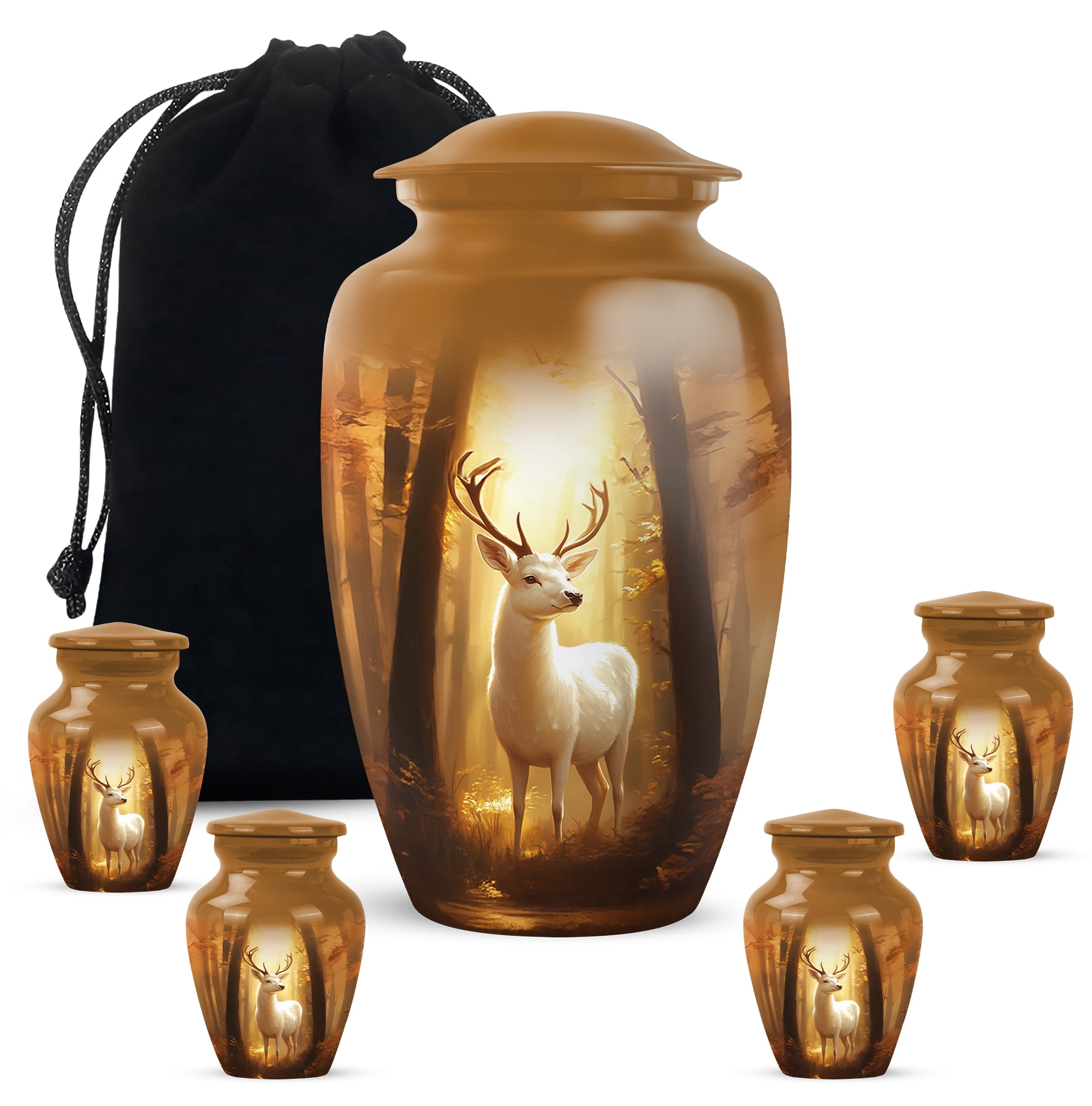 Deer Small Keepsake Urns For Human Ashes For Female Set Of 4 - 1 Large Burial Urn For Adult Brother - Golden Cremation Urn Male And Female - Brown Funeral Urns For Adult Women - (10&3)inch