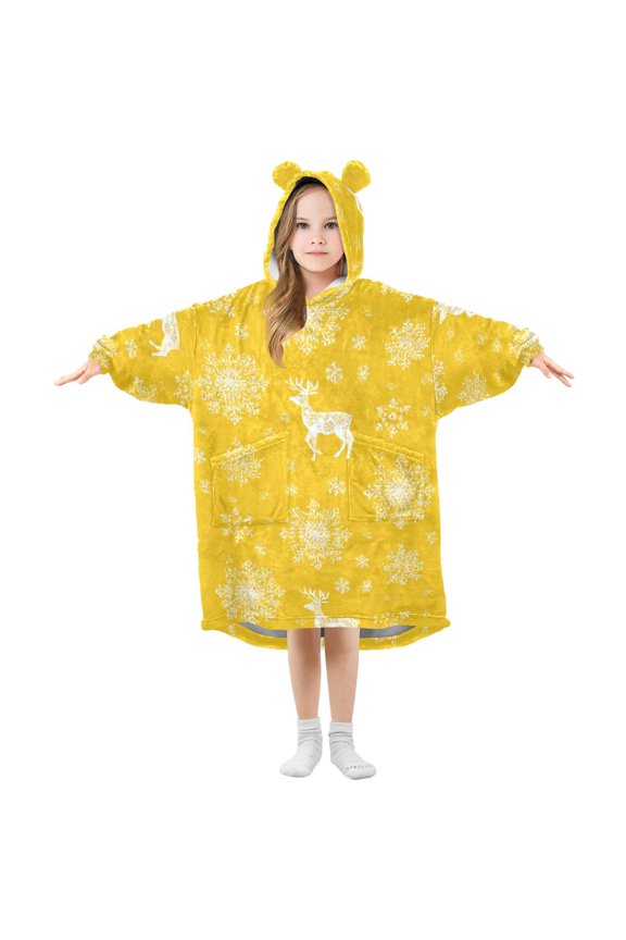 Deer Snow Christmas Yellow Background Flannel Wearable Blankets Hooded Design Long Sleeves Wrap Unisex for 3T-14Y S