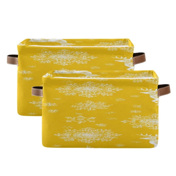 Deer Snow Christmas Yellow Background Square Storage Bins with Handles Collapsible Containing Box 2 Packs
