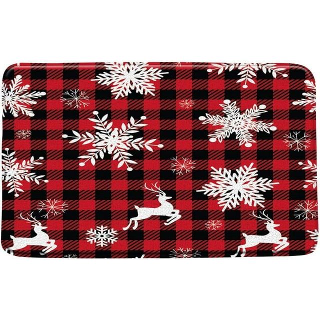 Deer Snowflake Plaid Bath Mat White Xmas Reindeer Snow on Vintage Red