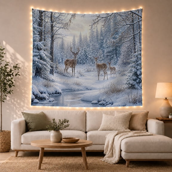 Deer in a Snowy Forest Clearing with Icy Stream, Serene Boho for Wildlife Lovers, Snowy Nature Wall Art, Christmas Gift, Tapestry Wall Hanging for Living Room and Bedroom