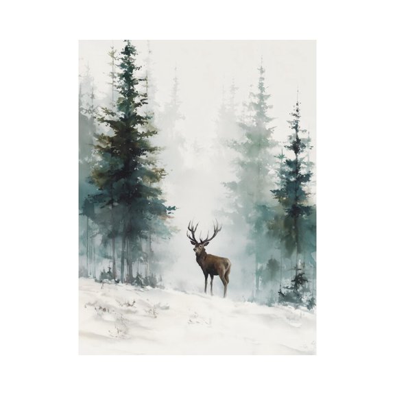 Deer Snowy Pine Forest Rustic Lodge Poster Unframed Paper Print