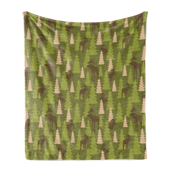 Deer Soft Flannel Fleece Blanket, Animals in the Forest Mooses and Pine Trees Pattern Canada Foliage Mammal Design, Cozy Plush for Indoor and Outdoor Use, 70" x 90", Green Tan Brown, by Ambesonne