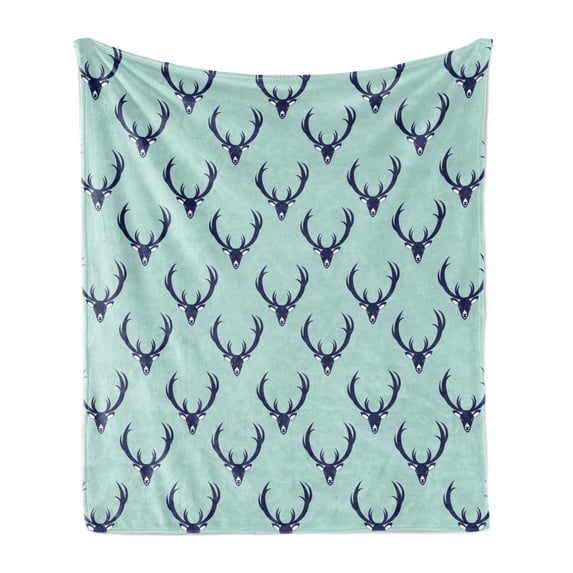 Deer Soft Flannel Fleece Blanket, Jungle Creature Heads with Antlers Abstract Animal Motifs Hipster Wildlife, Cozy Plush for Indoor and Outdoor Use, 50" x 60", Pale Seafoam Navy Blue, by Ambesonne