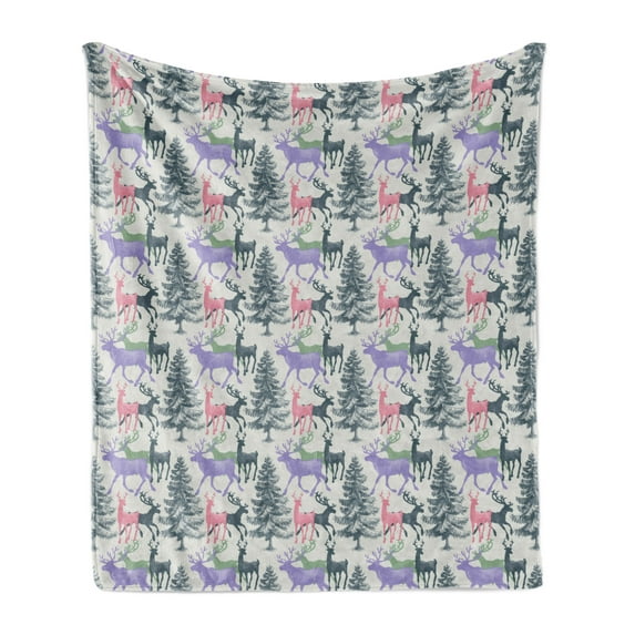 Deer Soft Flannel Fleece Blanket, Pine Trees with Animals Antlers Winter Season December Christmas Themed Illustration, Cozy Plush for Indoor and Outdoor Use, 70" x 90", Multicolor, by Ambesonne