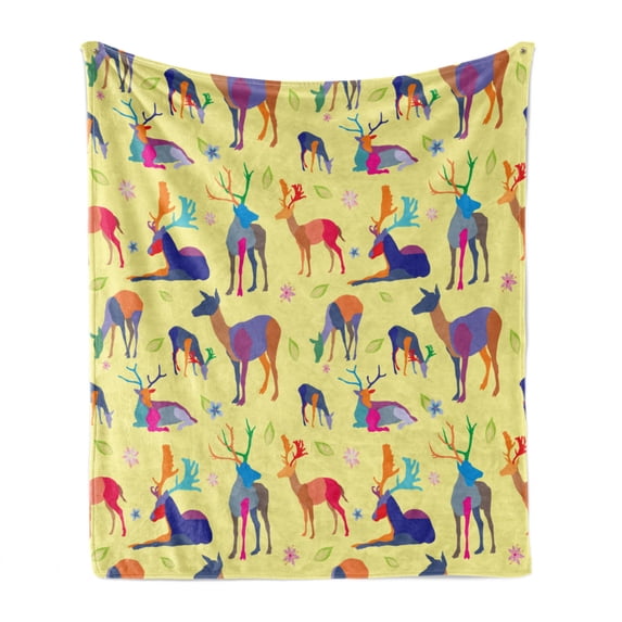 Deer Soft Flannel Fleece Throw Blanket, Colorful Animal Silhouettes in Different Positions with Flowers, Cozy Plush for Indoor and Outdoor Use, 60" x 80", Pastel Yellow Multicolor, by Ambesonne