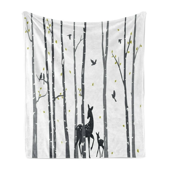 Deer Soft Flannel Fleece Throw Blanket, Doodle Style Illustrated Animals Among Birch Tree Silhouettes, Cozy Plush for Indoor and Outdoor Use, 70" x 90", Apple Green Dimgray, by Ambesonne
