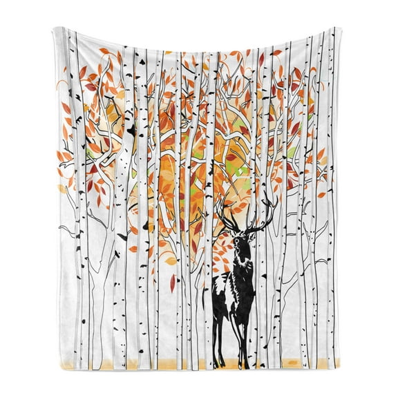 Deer Soft Flannel Fleece Throw Blanket, Deer in Forest Autumn Colors Trees Foliage Wilderness Seasonal Artwork, Cozy Plush for Indoor and Outdoor Use, 70" x 90", Orange Green and White, by Ambesonne