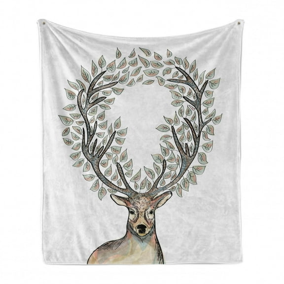 Deer Soft Flannel Fleece Throw Blanket, Hipster Reindeer with Floral Horns Mythical Creature Pastel Color Illustration, Cozy Plush for Indoor and Outdoor Use, 50" x 60", Soft Pink Blue, by Ambesonne
