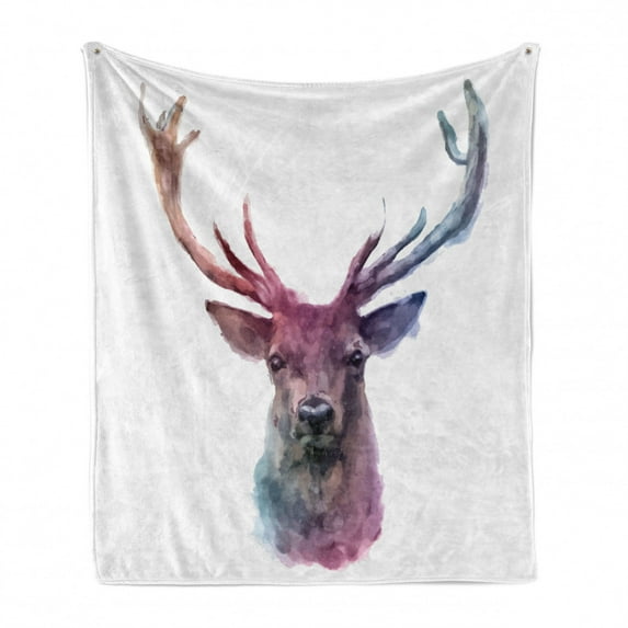 Deer Soft Flannel Fleece Throw Blanket, Illustration of Male Stag with Soft Pale Colors Antlers Wildlife Nature Print, Cozy Plush for Indoor and Outdoor Use, 50" x 70", Pink Lilac, by Ambesonne