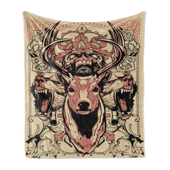 Deer Soft Flannel Fleece Throw Blanket, Modern Illustration of Skull and Wolves with Floral Design Majestic Antler, Cozy Plush for Indoor and Outdoor Use, 50" x 60", Black Beige Pink, by Ambesonne