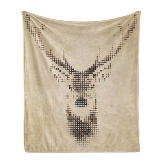 Deer Soft Flannel Fleece Throw Blanket, Retro Style Animal Portrait Digital Dots and Geometric Circle Vintage Graphic, Cozy Plush for Indoor and Outdoor Use, 60" x 80", Cream Brown, by Ambesonne