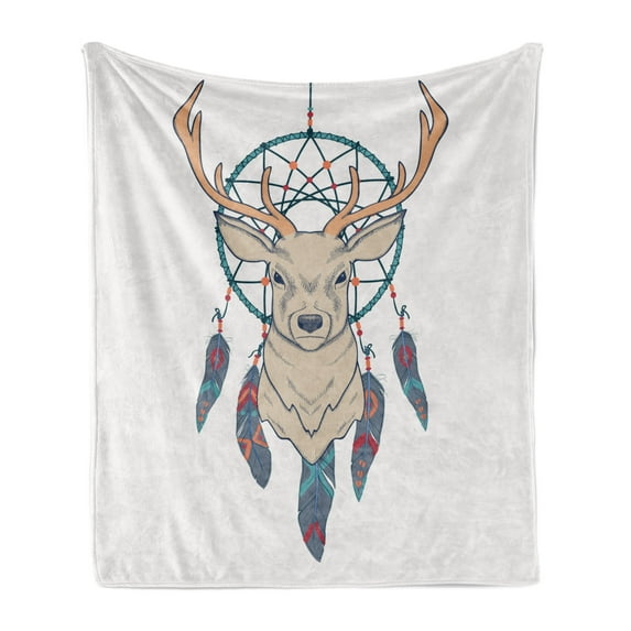 Deer Soft Flannel Fleece Throw Blanket, Roe Deer with Dreamcatcher Folk Art Style Sketch, Cozy Plush for Indoor and Outdoor Use, 50" x 60", Beige Teal Cream, by Ambesonne