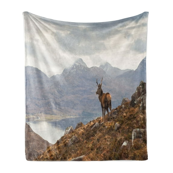 Deer Soft Flannel Fleece Throw Blanket, Wild Stag Overlooking Loch Torridon and Dramatic Western Ross Mountain Nature View, Cozy Plush for Indoor and Outdoor Use, 70" x 90", Brown White, by Ambesonne