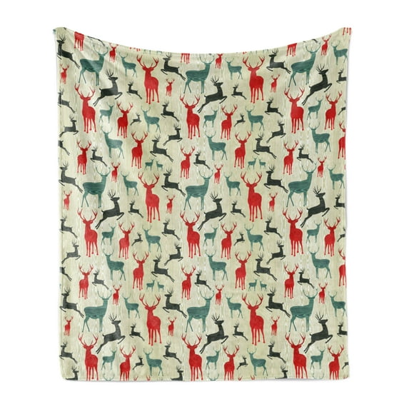 Deer Soft Flannel Fleece Throw Blanket, Winter Season Animal Silhouettes in Various Stances Jumping Standing Running Wooden, Cozy Plush for Indoor and Outdoor Use, 50" x 60", Multicolor, by Ambesonne
