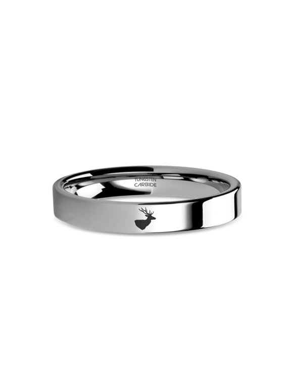 Deer Stag Buck Head with Antlers Engraved Silver Tungsten Ring, 4mm, Size 10