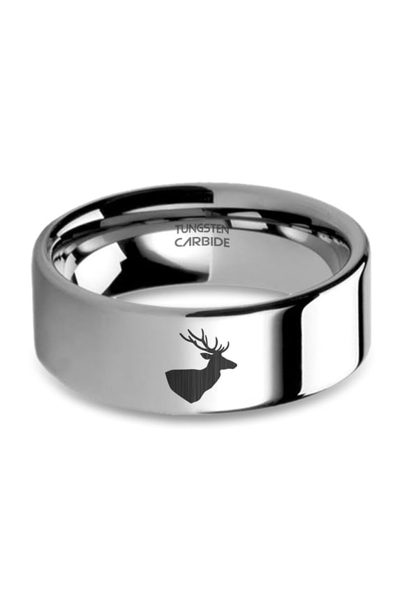 Deer Stag Buck Head with Antlers Engraved Silver Tungsten Ring, 8mm, Size 11