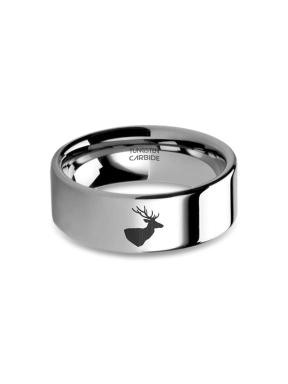 Deer Stag Buck Head with Antlers Engraved Silver Tungsten Ring, 8mm, Size 5