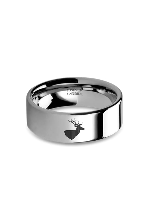 Deer Stag Buck Head with Antlers Engraved Silver Tungsten Ring, 8mm, Size 5