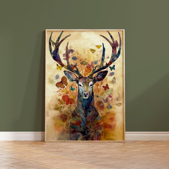 Deer Stag Butterflies Boho Wall Art, Unframed Paper Poster 8x10in