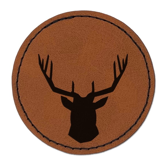 Deer Stag Head Solid 2.5" Faux Leather Round Engraved Iron-On Patch - Brown
