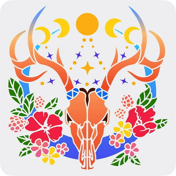 Deer Stencils 11.8x11.8 inch Moon Phase Stencil Plastic Dear Head & Moon & Flowers Patterns Stencil Reusable Boho and Aztec Style Stencil for Painting on Wood Walls Home Decor Making DIY