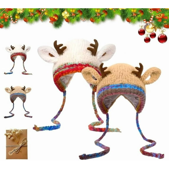Deer Storage Hat - Festive Christmas Antler Hat & Handbag 2-in-1, Windproof Foldable Knitted Reindeer Beanie Cap Gift