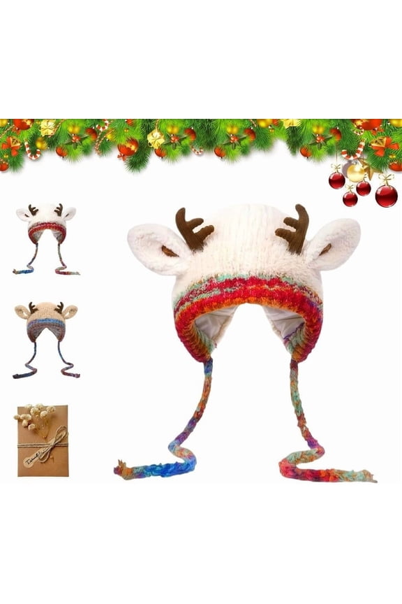 Deer Storage Hat - Festive Christmas Antler Hat & Handbag 2-in-1, Windproof Foldable Knitted Reindeer Beanie Cap Gift