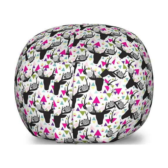 Deer Storage Toy Bag Chair, Geometric Colorful Triangles Background with Dark Animal Head Silhouettes with Antlers, Stuffed Animal Organizer Washable Bag, Small Size, Multicolor, by Ambesonne